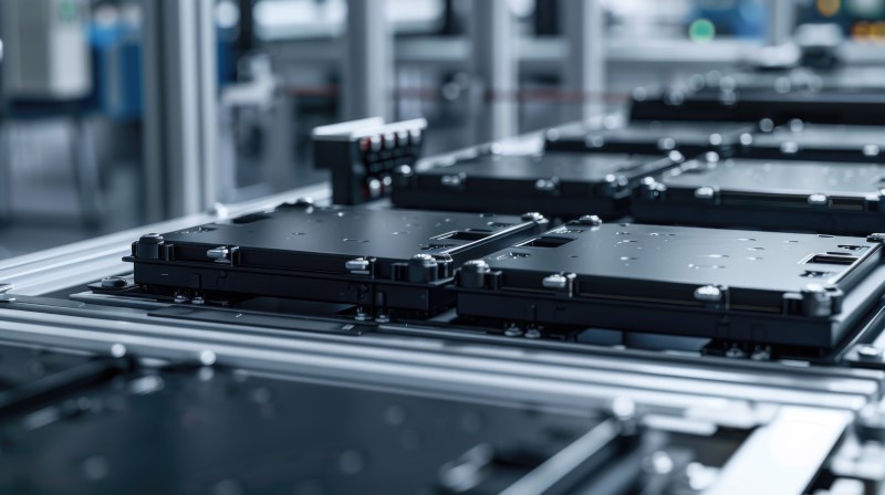 EV Battery Production Factory. Close-up of Lithium-ion High-voltage Battery Components for Electric Vehicle or Hybrid Car. Battery Module for Automotive Industry Production Line.